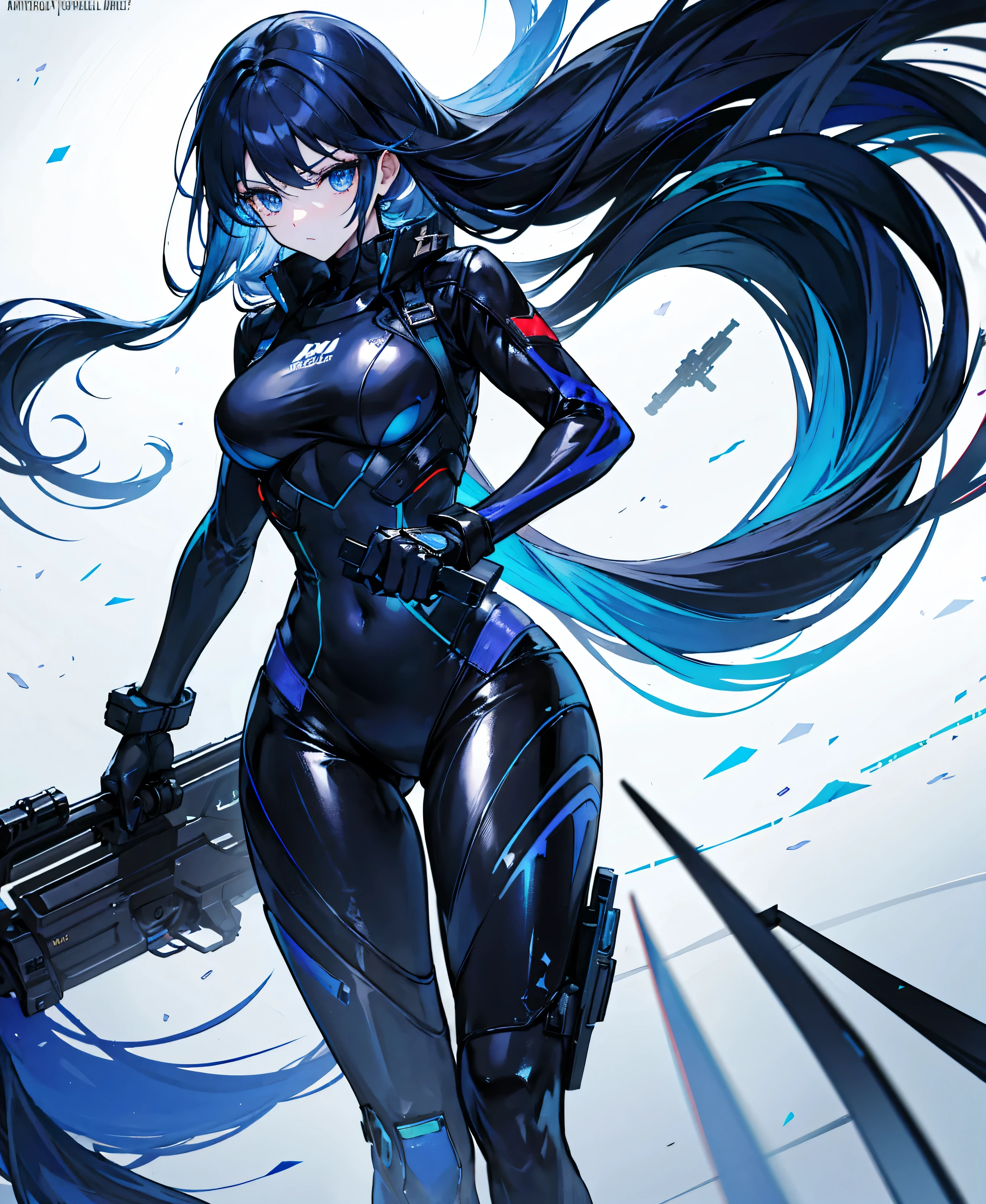 There is no background,girl,Carry a firearm,Patent leather tight suit,Use of firearms,Navy blue long hair,attention arousal,Blue colored eyes,No gradients