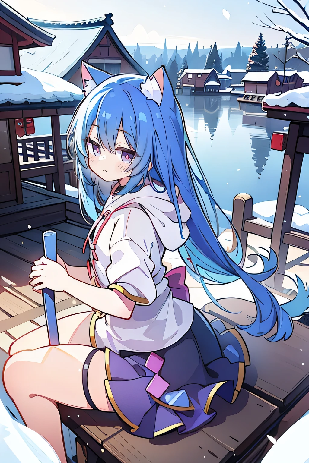 (masterpiece:1.2),Super detailed,lifelike,Expressive eyes,fair skin,perfect face shape,1 girl,
Japanese comics,Gorgeous blue hair,flowing blue hair,flowing clothes,Cat ears,Petals fall,beautiful lola,Baby Angel,
Shaking head with one hand,Cross your legs,Gentle and peaceful background,The pavilion is cool and comfortable,smile, wearing hoodie, background of tokyo,back views,snowing, winter.