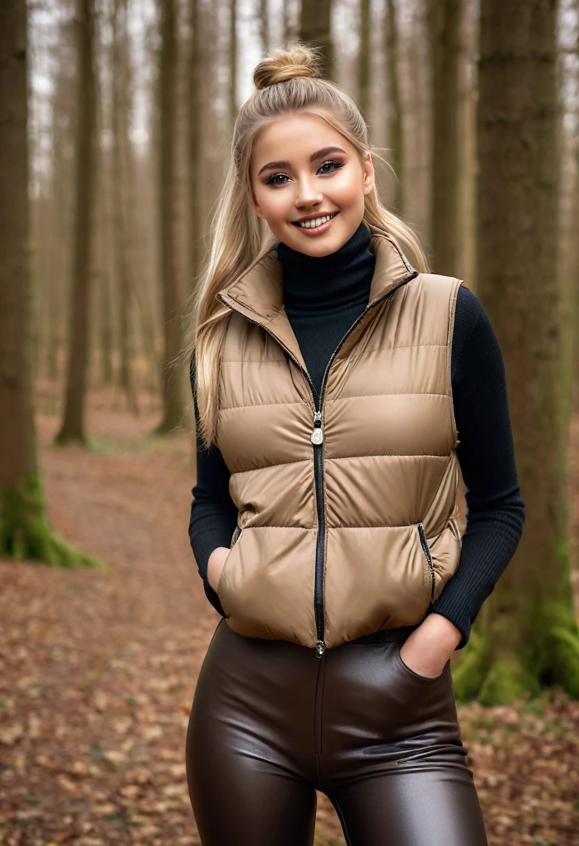 hyperrealistic beautiful busty 18-year-old women with long legs wearing turtleneck shirt with cropped puffer-vest and faux leather leggins, model shooting full body photography, natural blonde long straight ponytail, dark eye makeup with eyeliner, seductive smile, small necklace, 8K, Best quality, Meisterwerk, ultra high resolution, (Realismus: 1.4), Originalfoto, (realistische Hautstruktur: 1.3), (Filmkorn: 1.3), (Selfie-Winkel), 1 girl, Beautiful round hazel eyes and facial details, Meisterwerk, Best quality, posing outdoor deep in the woods, sepia style photo