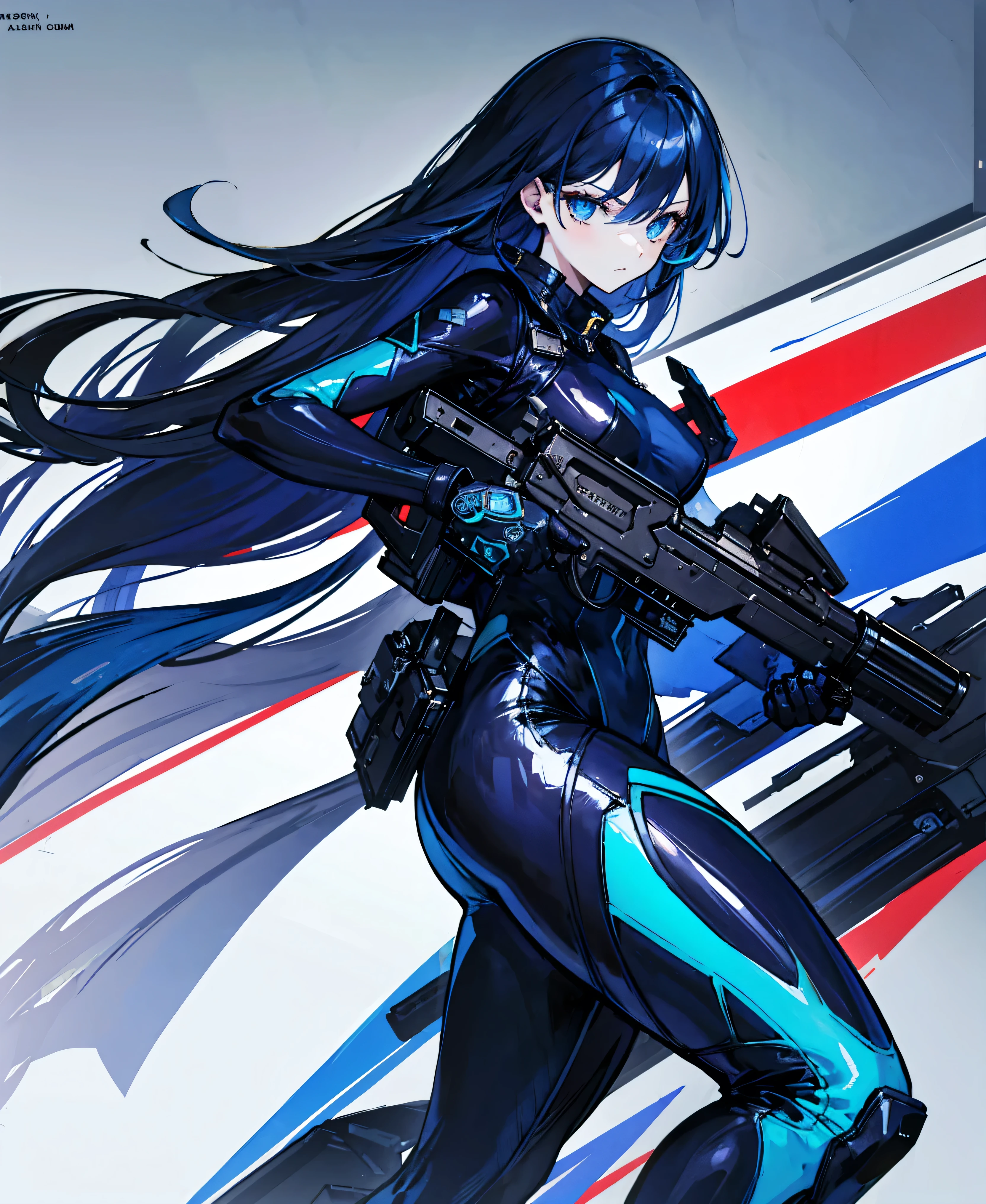 There is no background,girl,Carry a firearm,Patent leather tight suit,Use of firearms,Navy blue long hair,attention arousal,Blue colored eyes,No gradients