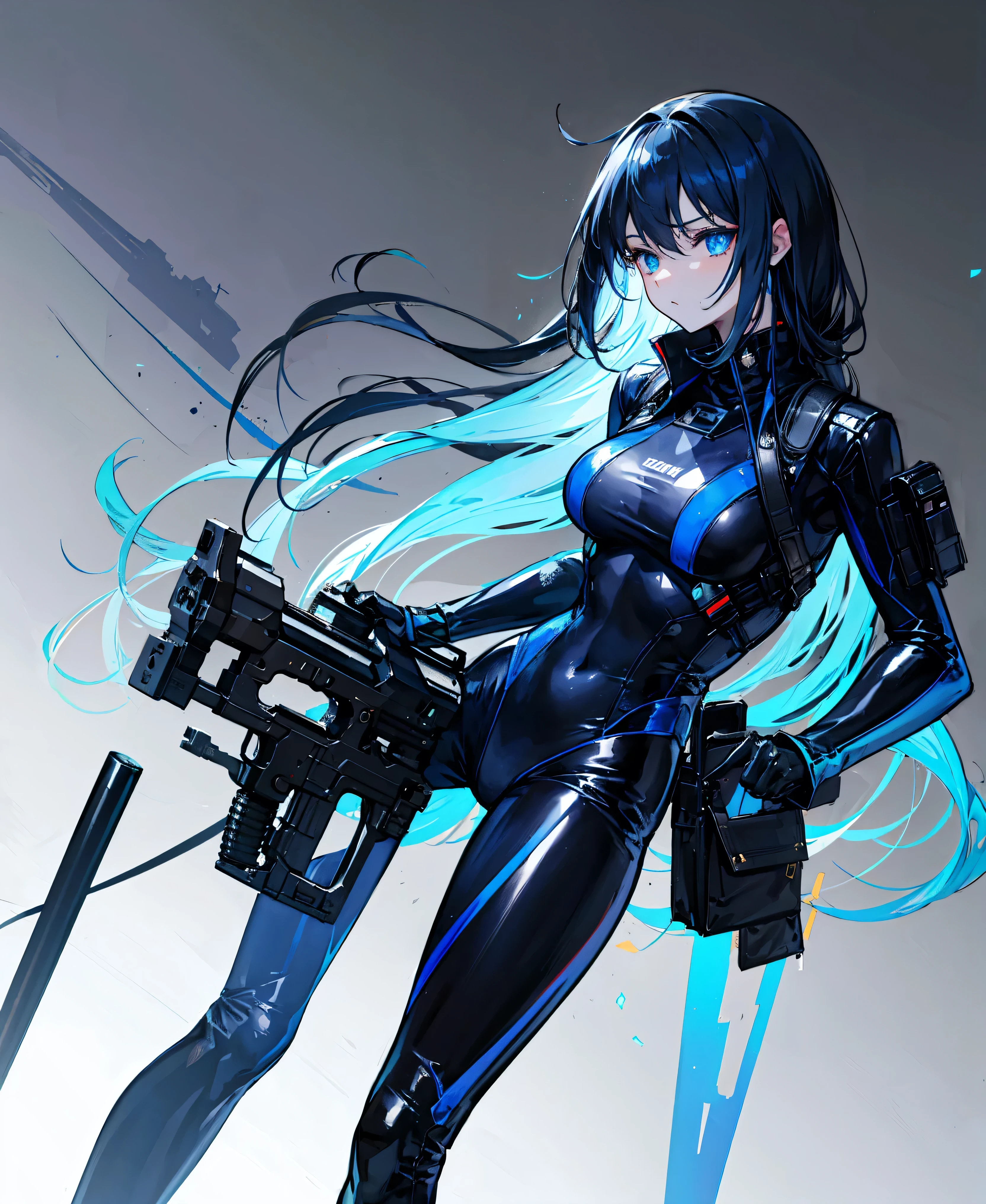 There is no background，girl，Carry a firearm，Patent leather tight suit，Use of firearms，Navy blue long hair，attention arousal，Blue colored eyes,No gradients