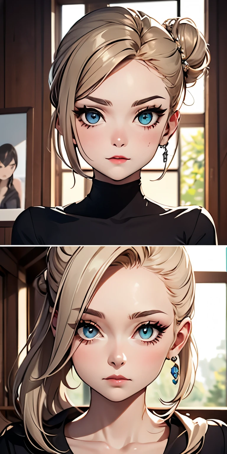linda garota, (Cabelo platinado), close up, portrait, looking to the viewer((cabelo preso, high ponytail, ballerina bun, sem franja)), rosto perfeito, Sorriso inocente, tronco,(cerulean eyes), (Yan), (pequeno), (delgado), ((peito achatado)), ((21 anos de idade)), dentadura da pele, detalhe extremo, rosto oval encantador, Red lips, rosa, Pele brilhante, cabelos detalhados, foco facial, Peito em close, colar decorativo de ouro, brincos de ouro, ((1 garota)), Embarrassed expression, orelhas de elfo