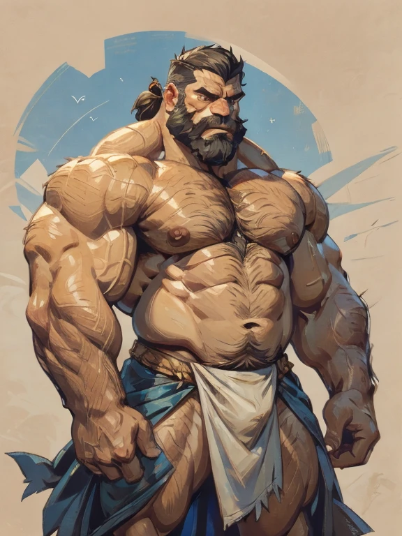 A burly, virile, and extremely hairy man who exudes an overwhelming sense of power and masculinity. His body is overmuscular and musclebound, with bulging veiny muscles that seem to strain against his skin. Broad shoulders and a wide chest adorn his massive frame, while his arms and legs are overly thick and defined, making him appear incredibly strong and imposing. His thick body gives him a hulking figure, with swelling muscles that seem to burst from every angle. The man sports a long, bushy beard and a thick mustache, adding to his rugged and masculine appearance. His grey hair only serves to further emphasize his age and experience, yet it does nothing to diminish his intimidating presence. His square-jawed face is set in a stoic expression, conveying determination and strength of character. Dressed only in a loincloth that struggles to contain his massive physique, this virile, hairy man stands tall and proud, exuding an aura of raw masculinity and unbridled power.