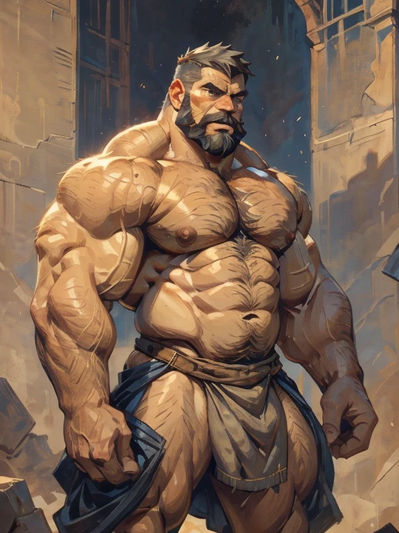 A burly, virile, and extremely hairy man who exudes an overwhelming sense of power and masculinity. His body is overmuscular and musclebound, with bulging veiny muscles that seem to strain against his skin. Broad shoulders and a wide chest adorn his massive frame, while his arms and legs are overly thick and defined, making him appear incredibly strong and imposing. His thick body gives him a hulking figure, with swelling muscles that seem to burst from every angle. The man sports a long, bushy beard and a thick mustache, adding to his rugged and masculine appearance. His grey hair only serves to further emphasize his age and experience, yet it does nothing to diminish his intimidating presence. His square-jawed face is set in a stoic expression, conveying determination and strength of character. Dressed only in a loincloth that struggles to contain his massive physique, this virile, hairy man stands tall and proud, exuding an aura of raw masculinity and unbridled power.