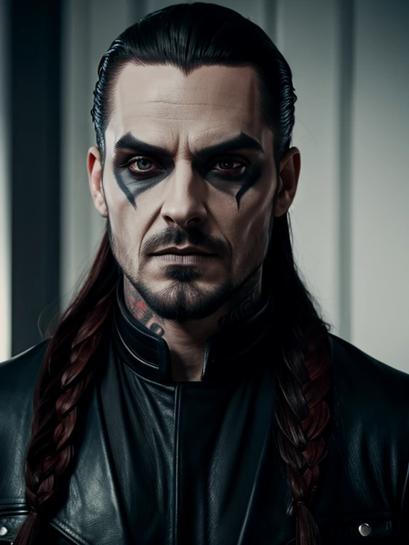 1man, vampire, "corpse paint" facepaint, red color slicked back braided long hair, beard along cheekbones, very thin lips, high collar leather jacket, neck tattoo, symmetrical portrait, 8k portrait render, ultrarealistic 8k, unreal engine character art.
