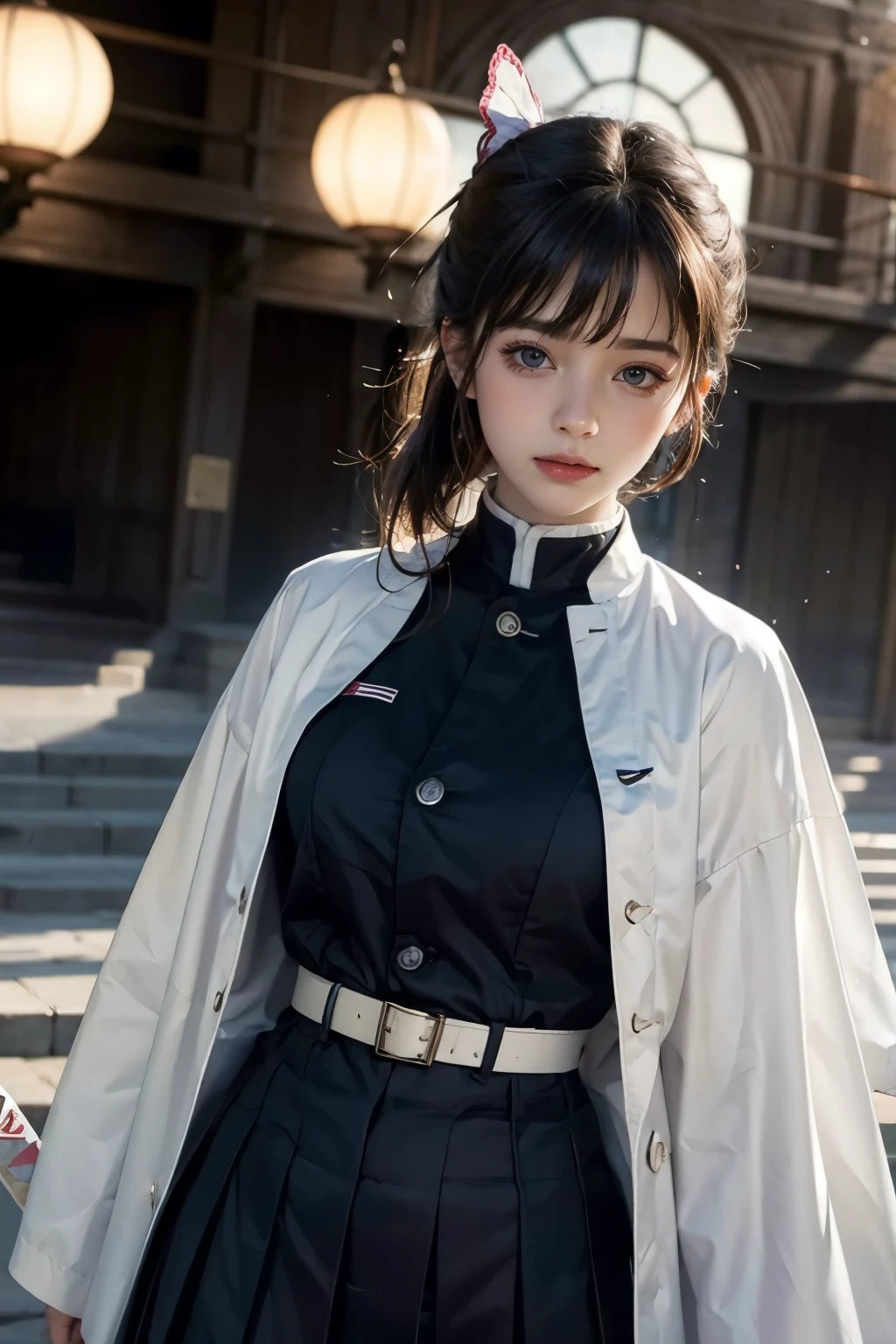 A close up of a woman in a black dress and white jacket - SeaArt AI