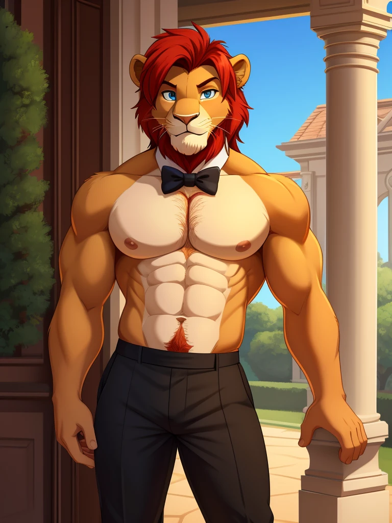 simba, a furry lion, furry, shirtless, muscular, male, masculine, red hair, blue eyes, red hairy armpits, cartoony, illustration, sharp focus, smooth vibrant colors, medium length hair, topless, big pecs, alone, single, smooth lining, young guy, youth, butler, black trousers, bowtie, two blogs hairstyle, neutral face, gentle, yellowish fur, mansion, outside, cartoony, smooth colors