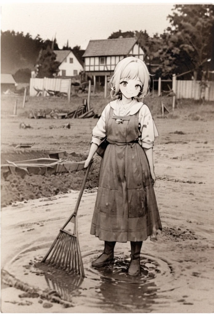 High quality, high definition, hig
h precision images,8k 1 Girl 、long white hair, working in the field,Attire for working in the field The background of a wide field, a small house, covered in mud 、smile,A person leveling a field with a rake