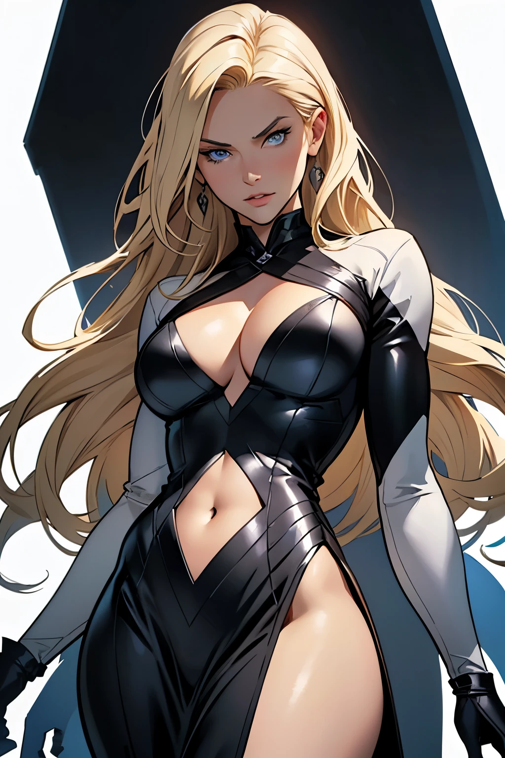 "Masterpiece, Graphic Novel Style, Black and White Palette, Busty Blonde Woman, Straight Hair, Detailed Curves, Highlighted Blonde Locks, Expressive Blue Eyes, Full Lips, Definition in Shadows, White Background, Dramatic Lighting, Sensual Gesture, Sultry Gaze, Wearing a Revealing Black Outfit that Highlights Her Curves, Graphic Novel Artistry by Creator 'S2'."