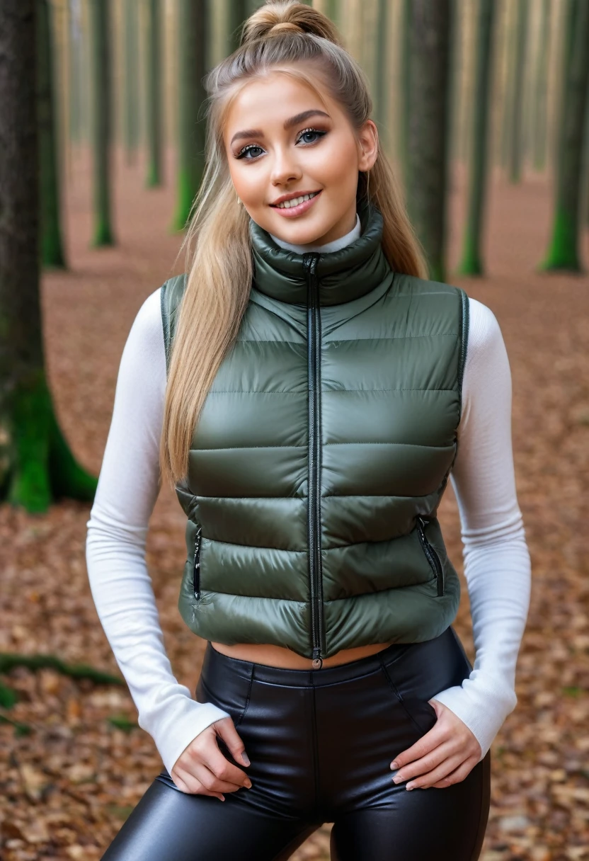 hyperrealistic beautiful busty 18-year-old women with long legs wearing turtleneck shirt with cropped puffer-vest and faux leather leggins, model shooting full body photography, natural blonde long straight ponytail, dark eye makeup with eyeliner, seductive smile, small necklace, 8K, Best quality, Meisterwerk, ultra high resolution, (Realismus: 1.4), Originalfoto, (realistische Hautstruktur: 1.3), (Filmkorn: 1.3), (Selfie-Winkel), 1 girl, Beautiful round hazel eyes and facial details, Meisterwerk, Best quality, posing outdoor deep in the woods