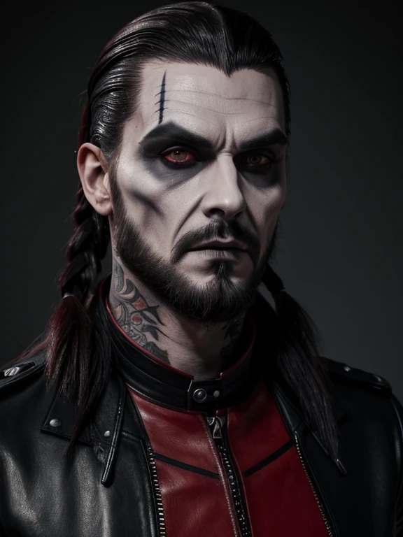 1man, vampire, "corpse paint" facepaint, red color slicked back braided long hair, beard along cheekbones, very thin lips, high collar leather jacket, neck tattoo, symmetrical portrait, 8k portrait render, ultrarealistic 8k, unreal engine character art.