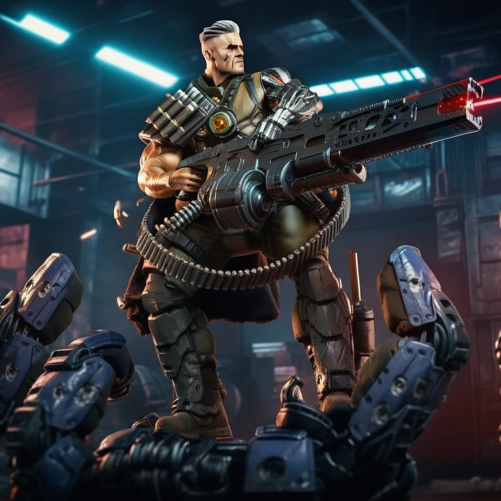 Cable1024, a man with a robotic arm, full body, shooting a machinegun, rage, powerfull, cyberpunk background, highly detailed, photography, ultra sharp, film, bokeh, professional, k   