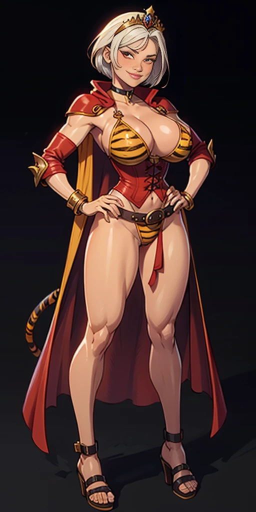((BLACK BACKGROUND 1:2, masterpiece)) 1solo female full body standing straight symmetrical with two long thighs, red eyes like rubies, eye focus looking to the viewer, silver white hair, short bob style hair, big knockers breastplate, breastplate, cleavage, tiara royal, long cape up to two feet, yellow bikini (yellow tiger stripes), lustful smirking smiling, smile face (red blushed, red cheeks) pauldrons metal shoulders, gold sleeveless bracelets, separate sleeves, hands on waist hands OR hips, golden bracers, metal handcuffs, leather corset, red loincloth, black leather choker slave collar, shackles bracelets, slave red crest under navel, navel, big belt around waist OR hips, feet together, metal ankle, two long thighs and two metal sandals