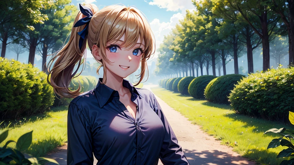 1girl, solo, summer, village, trees, sun, clouds, chestnut hair, side ponytail, large breasts, ((popping shirt buttons)), button down, unbuttoning buttons, dark blue eyes, ((dark blue shirt)), ((unbuttoned shirt)), ((short sleeved shirt)), cleavage 1:3, black skirt, brown shoes, grin, looking at the viewer, standing, hair ribbon, golden necklate