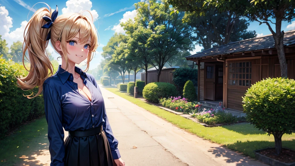 1girl, solo, summer, village, trees, sun, clouds, chestnut hair, side ponytail, large breasts, ((popping shirt buttons)), button down, unbuttoning buttons, dark blue eyes, ((dark blue shirt)), ((unbuttoned shirt)), ((short sleeved shirt)), cleavage 1:3, black skirt, brown shoes, grin, looking at the viewer, standing, hair ribbon, golden necklate