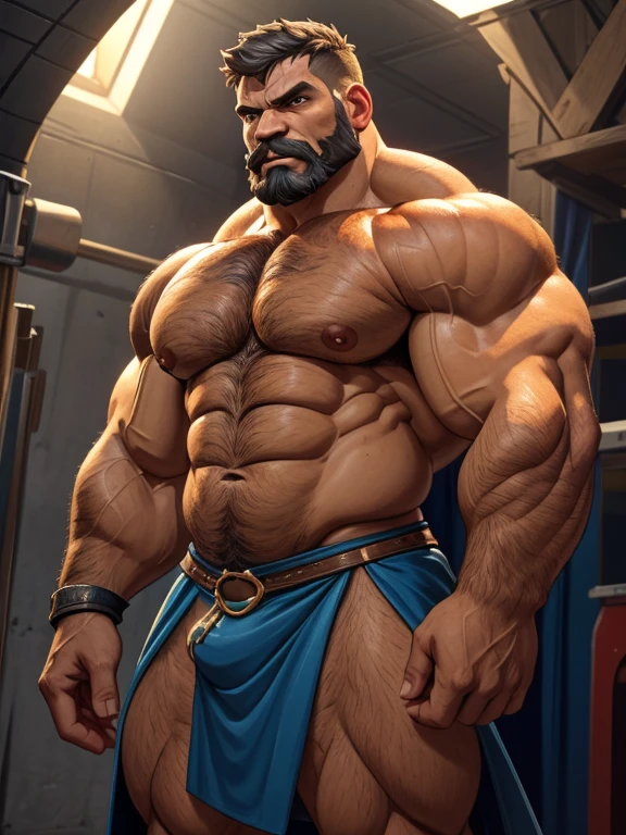 A burly, virile, and extremely hairy man who exudes an overwhelming sense of power and masculinity. His body is overmuscular and musclebound, with bulging veiny muscles that seem to strain against his skin. Broad shoulders and a wide chest adorn his massive frame, while his arms and legs are overly thick and defined, making him appear incredibly strong and imposing. His thick body gives him a hulking figure, with swelling muscles that seem to burst from every angle. The man sports a long, bushy beard and a thick mustache, adding to his rugged and masculine appearance. His grey hair only serves to further emphasize his age and experience, yet it does nothing to diminish his intimidating presence. His square-jawed face is set in a stoic expression, conveying determination and strength of character. Dressed only in a loincloth that struggles to contain his massive physique, this virile, hairy man stands tall and proud, exuding an aura of raw masculinity and unbridled power.