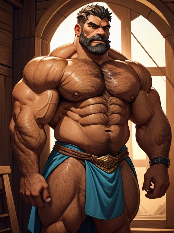 A burly, virile, and extremely hairy man who exudes an overwhelming sense of power and masculinity. His body is overmuscular and musclebound, with bulging veiny muscles that seem to strain against his skin. Broad shoulders and a wide chest adorn his massive frame, while his arms and legs are overly thick and defined, making him appear incredibly strong and imposing. His thick body gives him a hulking figure, with swelling muscles that seem to burst from every angle. The man sports a long, bushy beard and a thick mustache, adding to his rugged and masculine appearance. His grey hair only serves to further emphasize his age and experience, yet it does nothing to diminish his intimidating presence. His square-jawed face is set in a stoic expression, conveying determination and strength of character. Dressed only in a loincloth that struggles to contain his massive physique, this virile, hairy man stands tall and proud, exuding an aura of raw masculinity and unbridled power.