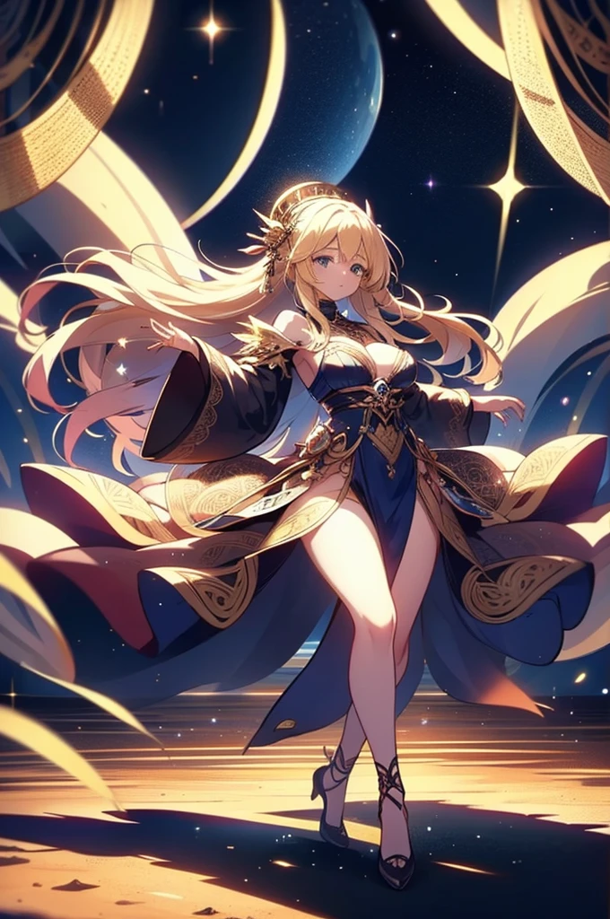 beautiful woman dancing around a bonfire , long blonde hair, stars covering the sky, sharp focus, intricate detail, full body