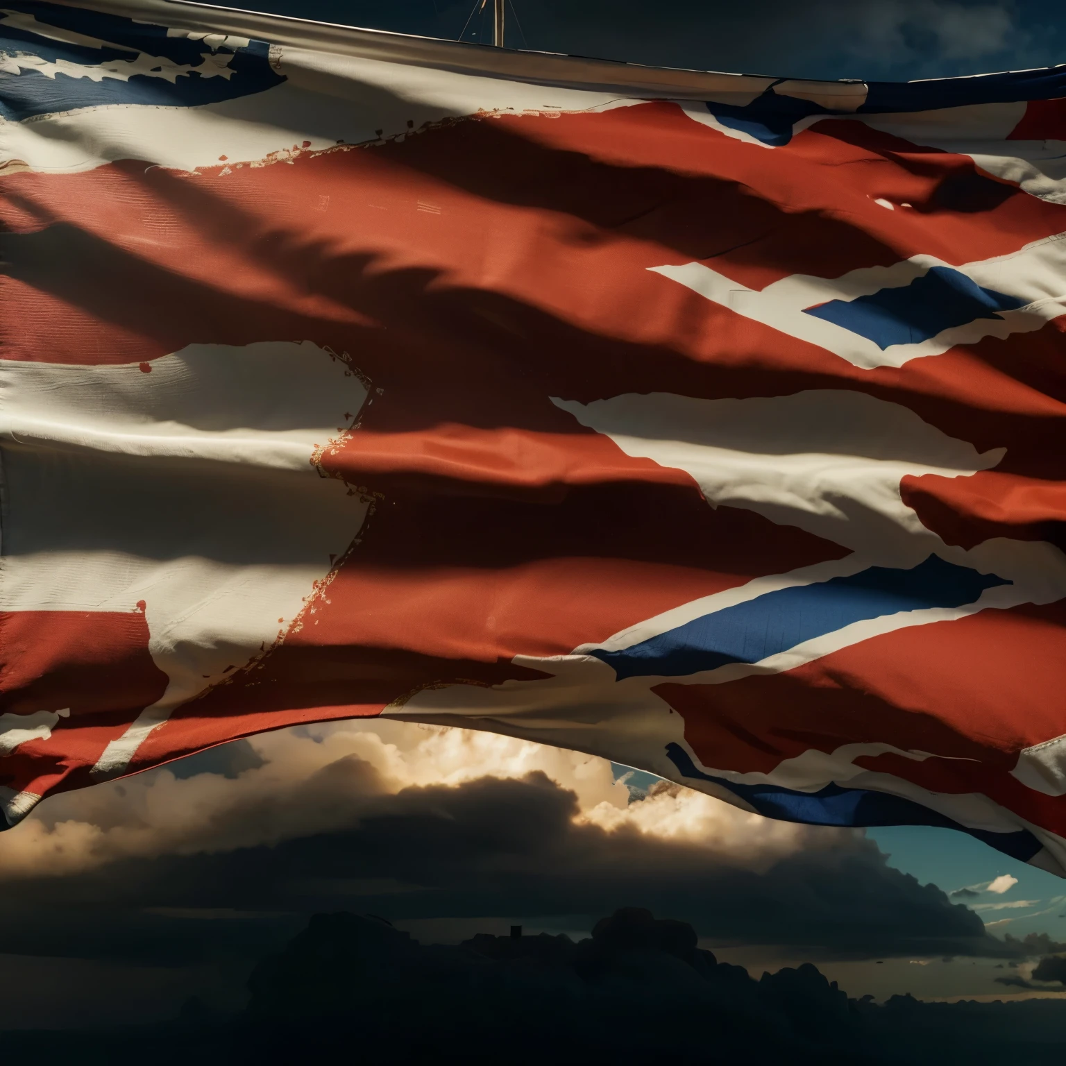 a detailed flag of the United Kingdom, the Union Jack, waving in the wind, realistic, photorealistic, high resolution, 8k, hyper detailed, intricate design, complex patterns, bold colors, deep shadows, dramatic lighting, dramatic sky, cloud formations, epic scale, masterpiece