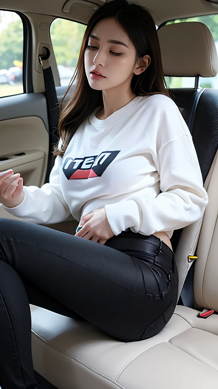 (photorealistic),(masterpiece),(ultra-detailed),a very pretty and sexy 20 year old girl holding more than liters of pee, sitting in a car seat ,wearing crop bubble jacket and tight black jeans, hands jammed between thighs, legs crossed tightly, lower abdomen part of the tight black jeans bulging from full bladder as big sphere as if she was fully nine months pregnant with ten kids but smooth rounded ,enduring extreme urge to pee,eyes slightly closed,pee about to come out,sweating,wearing skin tight black jeans,pee about to burst out