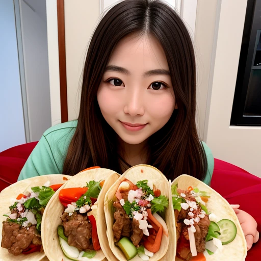 A beautiful 30-year-old Japanese woman eating Mexican tacos,long hair、Charm、Straight Hair、Brown Hair、Does not emphasize breasts、Thick sweater、Cleavage、clear、 Perfect Makeup、Casual Restaurant、Vibrant, Tacos stuffed with marinated carne asada、Tacos stuffed with roast beef、Shrimp stuffed tacos、 Topped with fresh coriander and diced onion、vivid、Effective lighting、4K、8K、Masterpiece、High resolution、(((photograph)))、Detailed、In focus、looks delicious、luxury