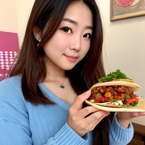 A beautiful 30-year-old Japanese woman eating Mexican tacos,long hair、Charm、Straight Hair、Brown Hair、Does not emphasize breasts、Thick sweater、Cleavage、clear、 Perfect Makeup、Casual Restaurant、Vibrant, Tacos stuffed with marinated carne asada、Tacos stuffed with roast beef、Shrimp stuffed tacos、 Topped with fresh coriander and diced onion、vivid、Effective lighting、4K、8K、Masterpiece、High resolution、(((photograph)))、Detailed、In focus、looks delicious、luxury