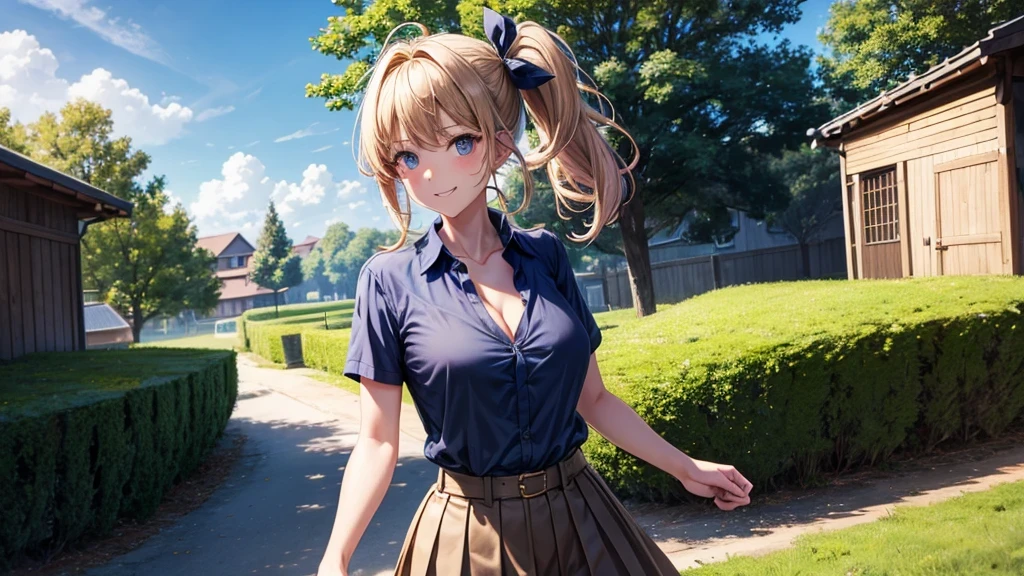 1girl, solo, summer, village, trees, sun, clouds, chestnut hair, side ponytail, large breasts, ((popping shirt buttons)), button down, unbuttoning buttons, dark blue eyes, ((dark blue shirt)), ((unbuttoned shirt)), ((short sleeved shirt)), cleavage 1:3, black skirt, brown shoes, grin, looking at the viewer, standing, hair ribbon, golden necklate