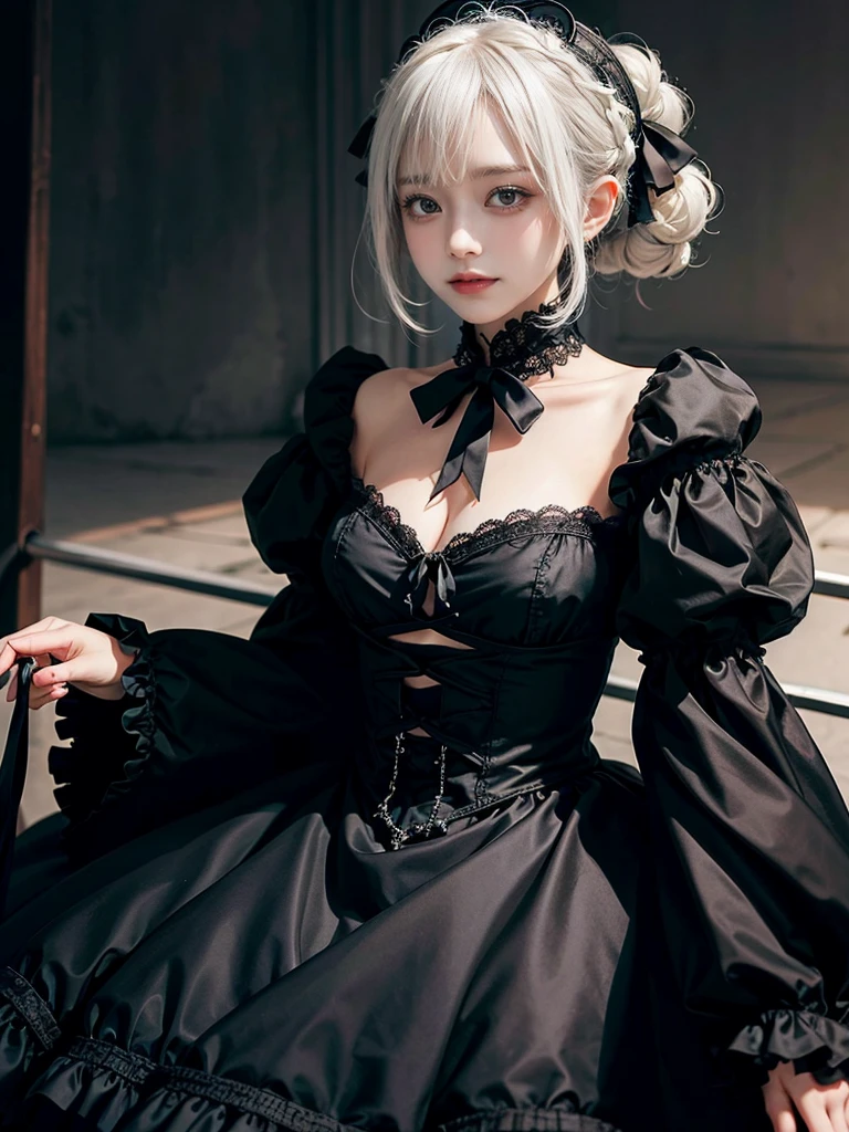 Please draw a super beautiful girl with long white  hair wearing a gothic ta outfit.。She exudes an elegant and dark vibe.、She exudes a unique beauty in Gothic Loliashion.。Her white hair is tied up in a neat short bob.、It highlights her individuality and sophisticated beauty.。

Her gothic lolita ots are dark and luxurious in design.、It brings out her elegance and mysterious charm.。Lace and ribbon、Accents such as ruffles、It is a hallmark of her Gothic Lolita styler pose is graceful、It expresses her deep worldview hidden inside her.。

Her eyes shine with mystery、Combined with her charming smile、It highlights her individuality and charm.。Her smile has a unique charm、She shows her confidence and sophisticated beauty in Gothic Lolita fashion.。appearance is美しく、Her presence stands out in the world of Gothic Lolita.。

This superutiful girl with white short bob hair and gothic lolita style is、It has aque charm and sophisticated beauty.。Her appearance is、Her presence and charm in the world of Gothic Lolita fashion are fused togr.、It&#39;s a fascinating and mysterious sight.。