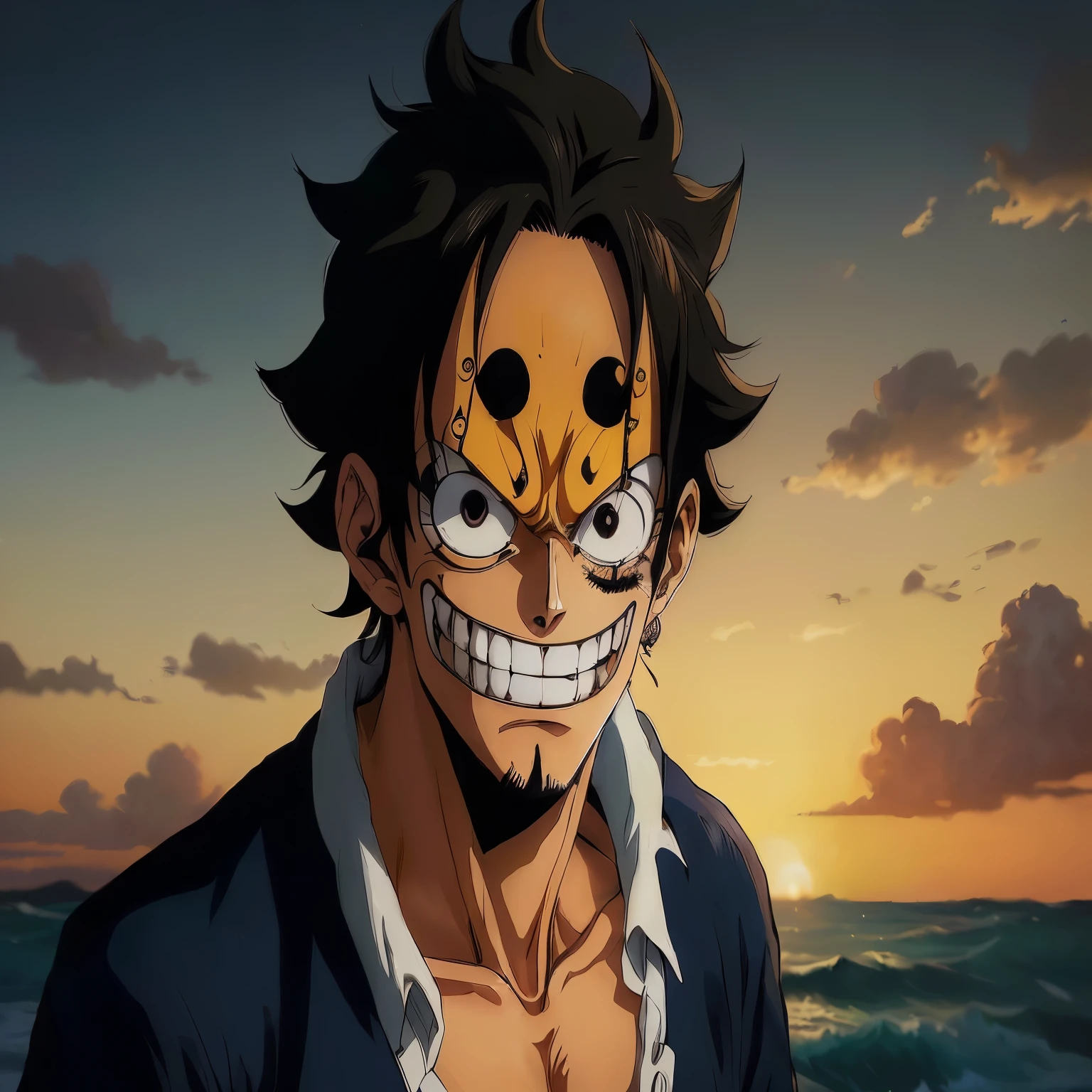 personagem de anime com um grande sorriso no rosto em frente ao oceano, fofo, Macaco D. fofo, Macaco D fofo, portrait of fofo from one piece, from one piece, fofo (one piece, arte oficial, fofo from one piece, fofo gear 5, one piece, inspirado em Eiichiro Oda, one piece artstyle, estilo eiichiro oda