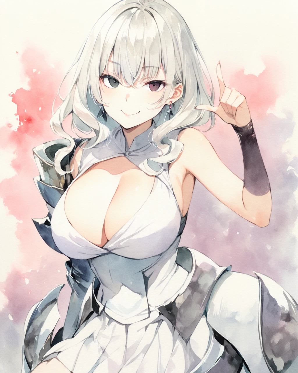 masterpiece, Best quality, watercolor (medium), 1girl, breast, solo, curls, Cleavage, gray and white hair, Black eyes, Heterochromia, earrings, Bangs, jewelry, skirt, Bare shoulders, sleeveless, Hair between the eyes, 单Scapula, looking at the audience, Photo poses, Right index finger poking the cheek, Five fingers, large breast, armor, shoulder armor, sleeveless skirt, Upper Body, Single sleeve, white skirt, Scapula, Devil smile
