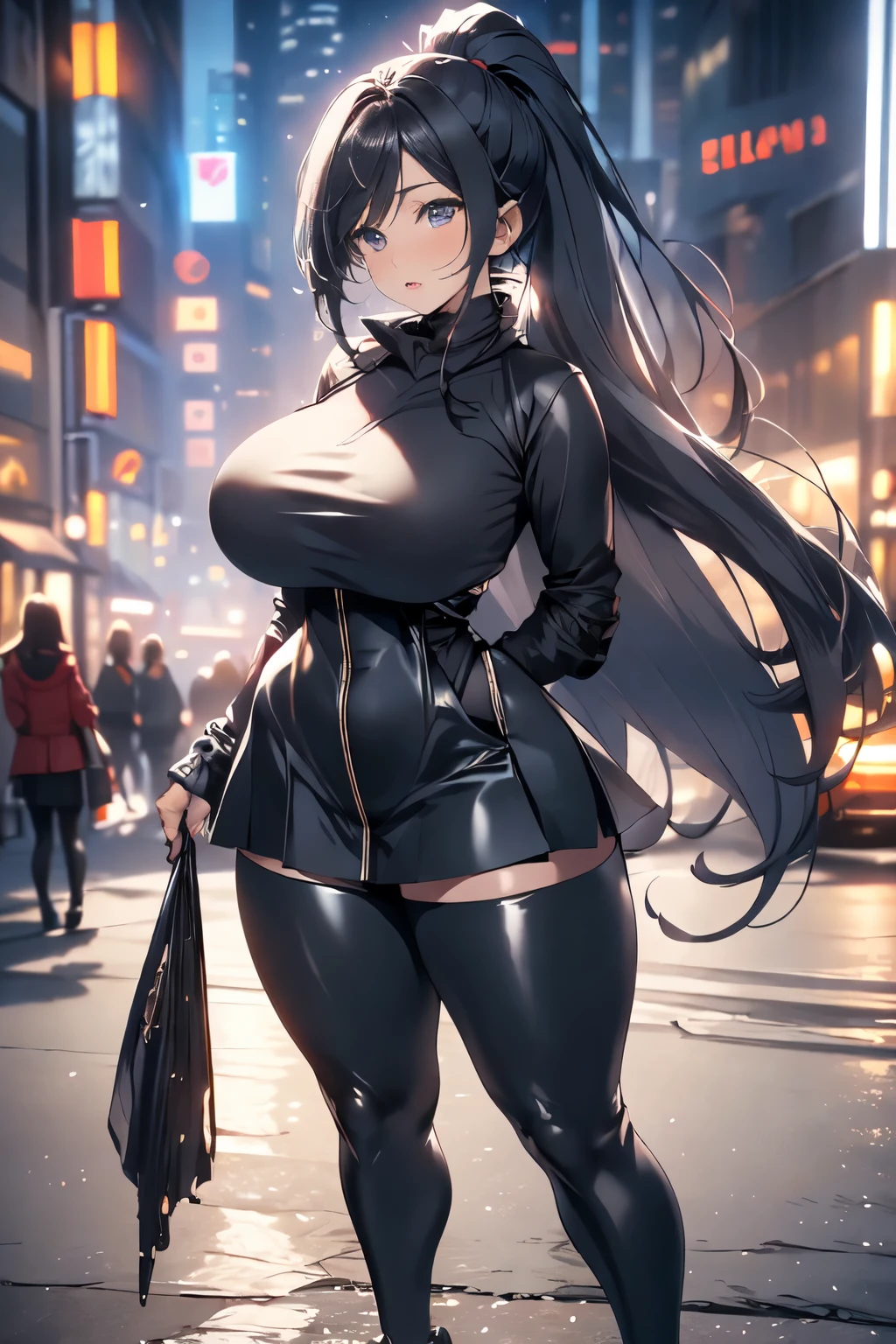 beautiful, alone, 1 chubby woman, long hair in a ponytail, black hair, blue highlights at the ends of the hair, silver eyes (detailed eyes), determined look, embarrassed expression, red lips (perfect lips), wide hips, black leather jumpsuit, pleated skirt, long fur cape, futuristic, cyberpunk, cinematic angle, cinematic lighting, artwork, best quality, nsfw, crotch rubbing