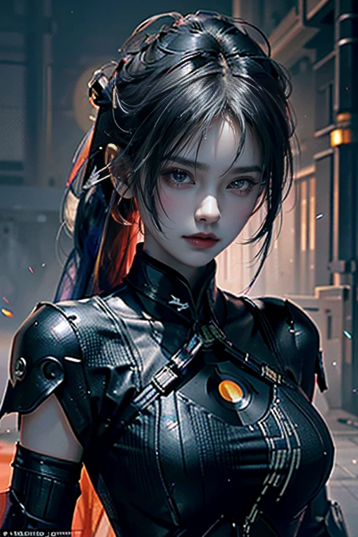 Game Art,Best image quality,Highest Resolution,8k,((Bust photo)),((Portraiture)),(Three-part method),Unreal Engine 5 rendering, (Future Girl),(Woman warrior), 22 year old girl,(Female Hacker),(Rainbow Hair:1.3),(Ancient oriental hairstyle),(Red eye pupil:1.5),(Beautiful eyes with attention to detail),(Big Breasts),(eye shadow),Elegant and attractive,Indifference,((anger)),(Futuristic silk combat suit combines features of the Chinese cheongsam,joint armor,The clothes are decorated with intricate Chinese patterns.,Gemstone brilliance),Cyberpunk characters,Futuristic Style, Photo pose,Urban Background,Cinema Lighting,Ray Tracing,Game CG,((3D Unreal Engine)),OC Rendering Reflective Pattern