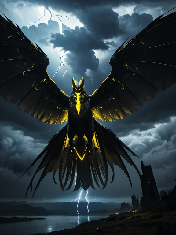 a giant black and yellow electric monster bird, four wings, flying in a stormy night sky, lightning and thunder, (best quality,8k,highres,masterpiece:1.2),ultra-detailed,realistic,photo-realistic:1.37,dramatic lighting, epic fantasy, dramatic colors, dramatic composition, dramatic atmosphere, fantasy art