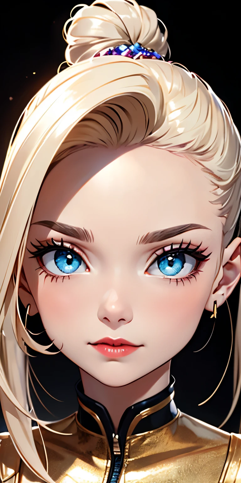 linda garota, (Cabelo platinado), close up, portrait, looking to the viewer((cabelo preso, high ponytail, ballerina bun, sem franja)), rosto perfeito, Sorriso inocente, tronco,(cerulean eyes), (Yan), (pequeno), (delgado), ((peito achatado)), ((21 anos de idade)), dentadura da pele, detalhe extremo, rosto oval encantador, Red lips, rosa, Pele brilhante, cabelos detalhados, foco facial, Peito em close, colar decorativo de ouro, brincos de ouro, ((1 garota)), Embarrassed expression, orelhas de elfo