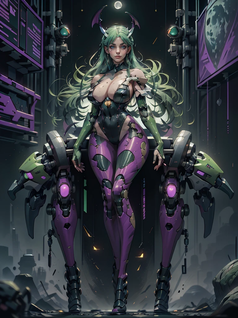 Alta qualidade, rosto detalhado, corpo detalhado, foto de corpo inteiro, ((Morrigan Aensland do jogo Darkstalkers ao estilo cyberpunk)), (asas de morcego da Morrigan Aensland), asas de morcego roxas, Bat wings on the head, (cabelo longo verde), cabelo verde com franja, white feather feather details from neckline to shoulder, black swimsuit, botas pretas, busto grande, robot arms, Cyborg Arms, Robotic legs, pernas de cyborg, lilac metal legs with printed details of silhouettes of purple bat symbols on the legs,(flutuando no ar), (levitando), Night scenery, a noite, moon in the night sky, warm ilumination.