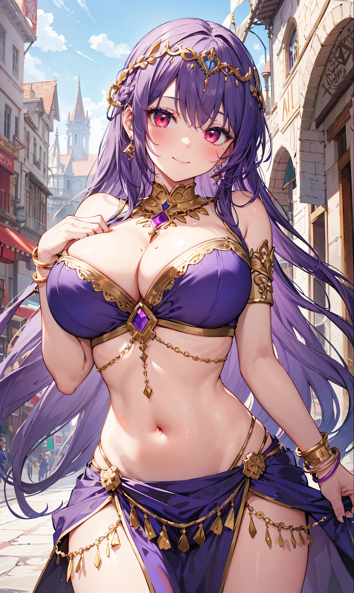 high quality, ultra detailed, best quality, insanely detailed, beautiful, masterpiece, 1girl, medieval plaza, cowboy shot, red eyes, long hair, purple hair, belly dancer, circlet, earrings, armlets, bracelets, bashful smile, large breasts, cleavage, soft stomach