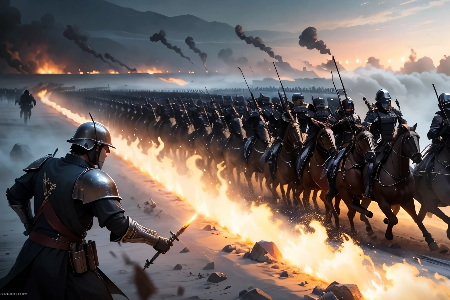battlefield, armies fighting, imperial army, marching, dramatic, mediaval setting, black armor