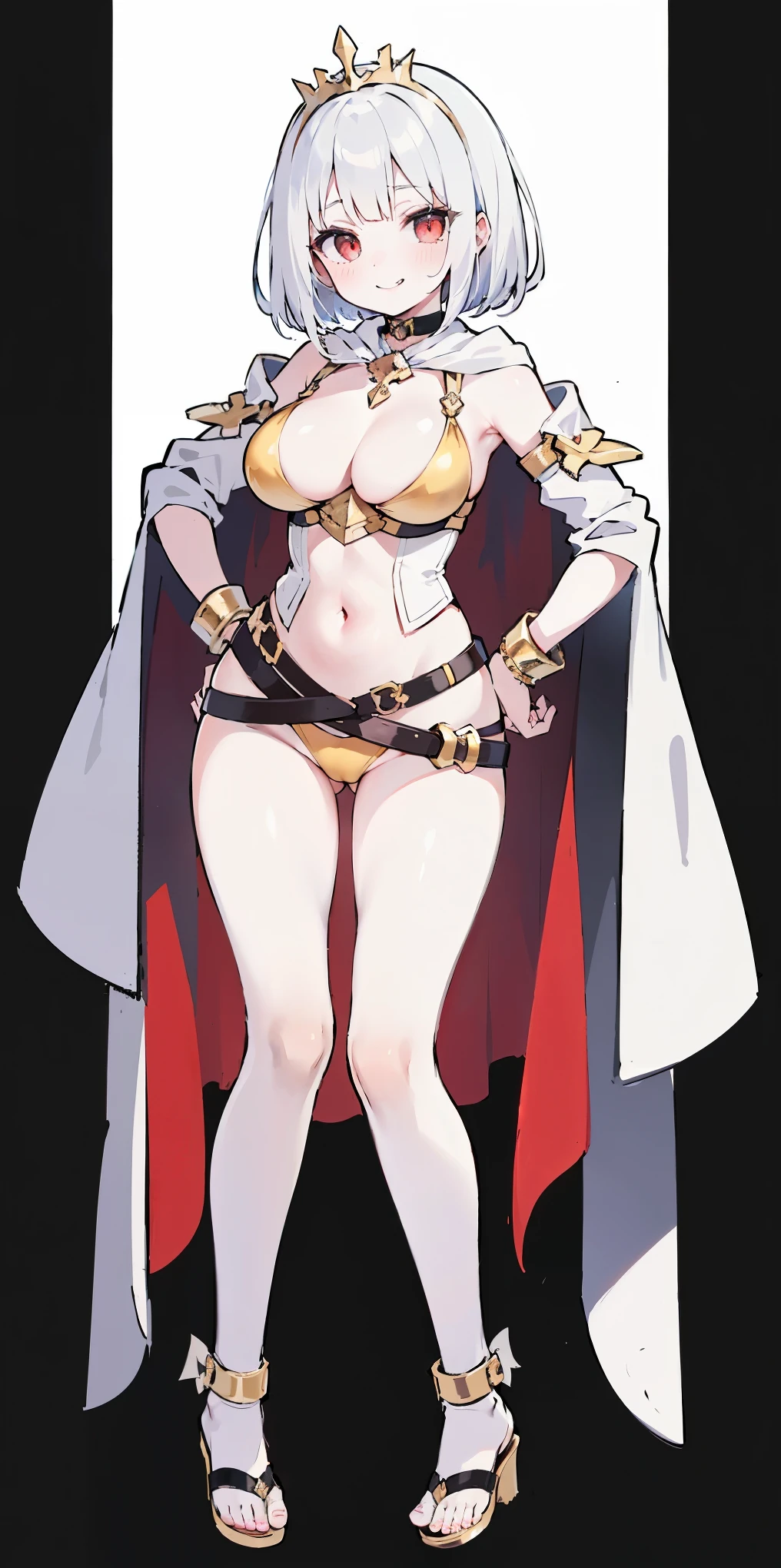 ((BLACK BACKGROUND 1:2, masterpiece)) 1solo female full body MILF BIMBO standing straight symmetrical with two long thighs, red eyes like rubies, eye focus looking to the viewer, silver white hair, short bob style hair, big knockers breastplate, breastplate, cleavage, tiara royal, long cape up to two feet, yellow bikini (yellow tiger stripes), lustful smirking smiling, smile face (red blushed, red cheeks) pauldrons metal shoulders, gold sleeveless bracelets, separate sleeves, hands on waist hands OR hips, golden bracers, metal handcuffs, leather corset, red loincloth, black leather choker slave collar, shackles bracelets, slave red crest under navel, navel, big belt around waist OR hips, feet together, metal ankle, two long thighs and two metal sandals