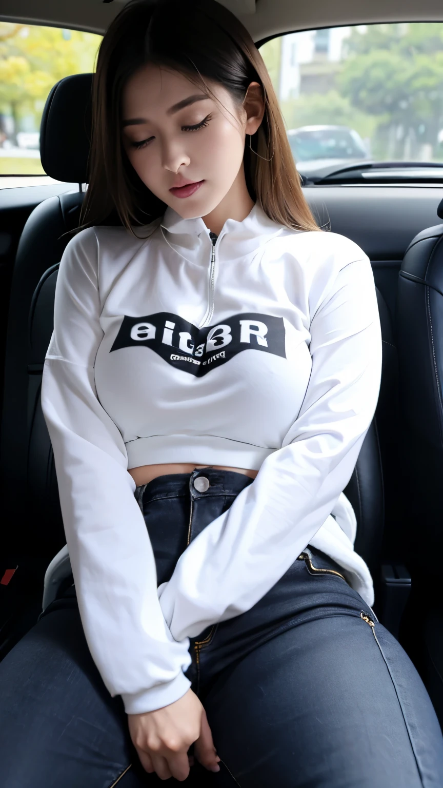 (photorealistic),(masterpiece),(ultra-detailed),a very pretty and sexy 20 year old girl holding more than liters of pee, sitting in a car seat ,wearing crop bubble jacket and tight black jeans, hands jammed between thighs, legs crossed tightly, lower abdomen part of the tight black jeans bulging from full bladder as big sphere as if she was fully pregnant with ten kids but sm rounded ,enduring extreme urge to pee,eyes slightly closed,pee about to come out,sweating,wearing skin tight black jeans,pee about to burst out