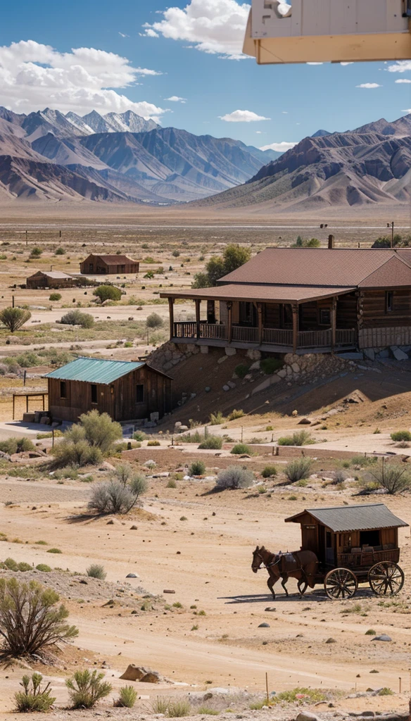 The image depicts a Western-style town set in a desert environment. The town is constructed with wooden buildings, featuring storefronts with signs that suggest a variety of businesses, such as a general store, saloon, and possibly a hotel or restaurant. The architecture is reminiscent of the American Old West, with wooden facades and a rustic appearance.
In the foreground, there are a couple of horse-drawn carriages, which further emphasize the historical setting. The ground is covered with a layer of dirt, and the sky is clear with a few clouds, suggesting a sunny day.
In the background, there are majestic mountains that rise against the horizon, adding a sense of scale and isolation to the scene. The mountains appear to be rocky and rugged, typical of desert landscapes. The overall setting is evocative of the American Southwest, possibly a location that has been used for filming Western movies or as a tourist attraction.