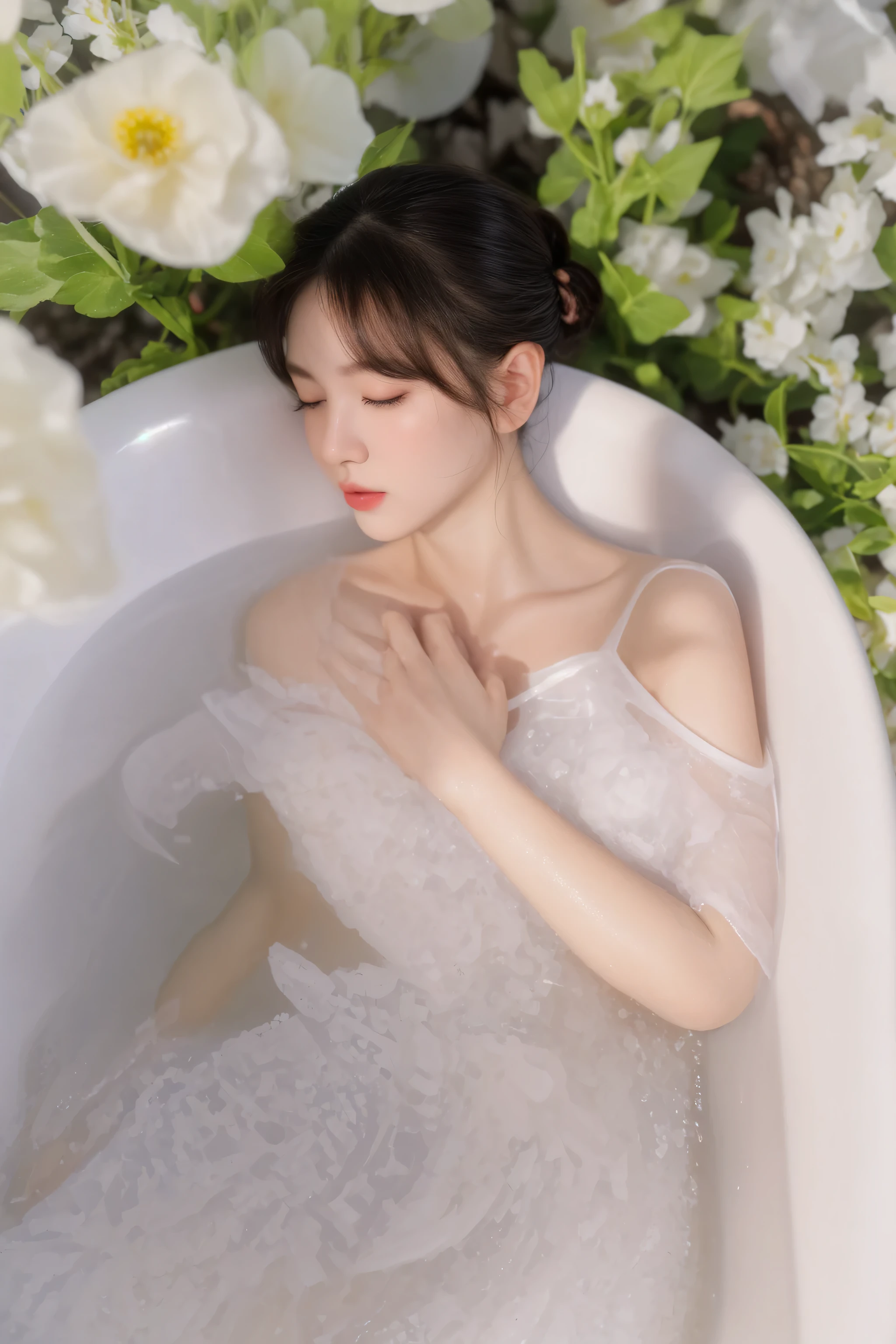 there is a woman sitting in a bathtub with flowers in the background, milk bath photography, milk - bath effect, bubble bath, wearing organza gown, milky white skin, shot with canon eoa 6 d mark ii, with frozen flowers around her, 🤬 🤮 💕 🎀, elegant lady with alabaster skin, cute woman, bathtub