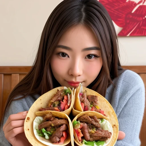 A beautiful 25 year old Japanese woman eating Mexican tacos,long hair、Charm、Straight Hair、Brown Hair、Does not emphasize breasts、Thick sweater、Cleavage、clear、 Perfect Makeup、Casual Restaurant、Vibrant, Tacos stuffed with marinated carne asada、Tacos stuffed with roast beef、Shrimp stuffed tacos、 Topped with fresh coriander and diced onion、vivid、Effective lighting、4K、8K、Masterpiece、High resolution、(((photograph)))、Detailed、In focus、looks delicious、luxury