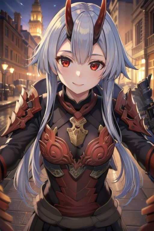 a masterpiece detailed portrait of tomoe gozen, 1 person, beautiful detailed red eyes, cute smiling face, hair covering part of face, long silver hair, looking directly at viewer, oni horns, wearing odogaron armor, intricate ornate design, complex textures, cinematic lighting, highly detailed, 8k, photorealistic, award winning, vibrant colors