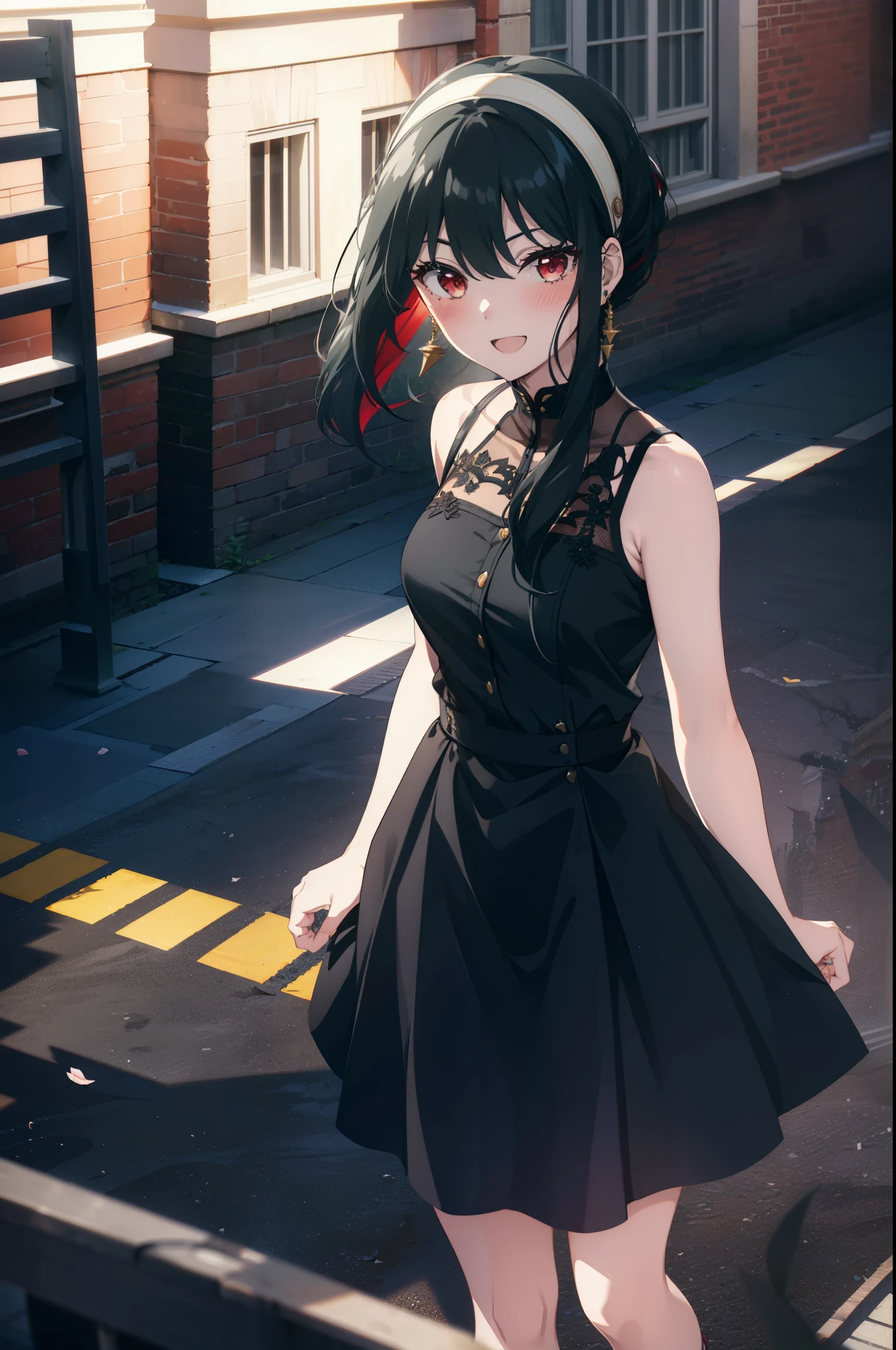 Your thorns, One Girl, blush, Black Hair,Red eyes, hair band, jewelry, Earrings, happy smile, smile, Open your mouth, Black sleeveless dress,Bare arms,Long skirt,Cute Sandals,whole bodyがイラストに入るように,Daytime,sunny,
break looking at viewer,whole body,
break outdoors, city,Area,bridge、
break (masterpiece:1.2), highest quality, High resolution, unity 8k wallpaper, (shape:0.8), (Beautiful details:1.6), Highly detailed face, Perfect lighting, Highly detailed CG, (Perfect hands, Perfect Anatomy),