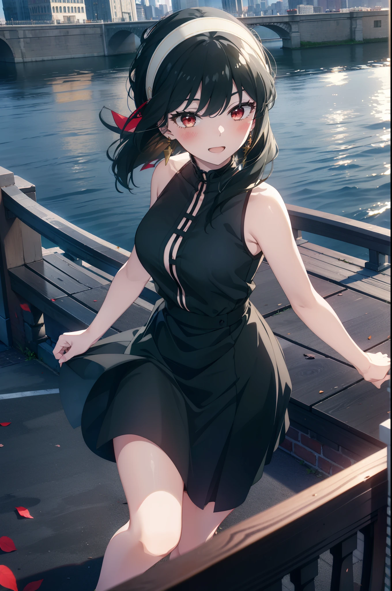 Your thorns, One Girl, blush, Black Hair,Red eyes, hair band, jewelry, Earrings, happy smile, smile, Open your mouth, Black sleeveless dress,Bare arms,Long skirt,Cute Sandals,whole bodyがイラストに入るように,Daytime,sunny,
break looking at viewer,whole body,
break outdoors, city,Area,bridge、
break (masterpiece:1.2), highest quality, High resolution, unity 8k wallpaper, (shape:0.8), (Beautiful details:1.6), Highly detailed face, Perfect lighting, Highly detailed CG, (Perfect hands, Perfect Anatomy),