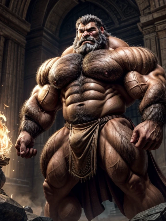 A burly, virile, and extremely hairy man who exudes an overwhelming sense of power and masculinity. His body is overmuscular and musclebound, with bulging veiny muscles that seem to strain against his skin. Broad shoulders and a wide chest adorn his massive frame, while his arms and legs are overly thick and defined, making him appear incredibly strong and imposing. His thick body gives him a hulking figure, with swelling muscles that seem to burst from every angle. The man sports a long, bushy beard and a thick mustache, adding to his rugged and masculine appearance. His grey hair only serves to further emphasize his age and experience, yet it does nothing to diminish his intimidating presence. His square-jawed face is set in a stoic expression, conveying determination and strength of character. Dressed only in a loincloth that struggles to contain his massive physique, this virile, hairy man stands tall and proud, exuding an aura of raw masculinity and unbridled power.