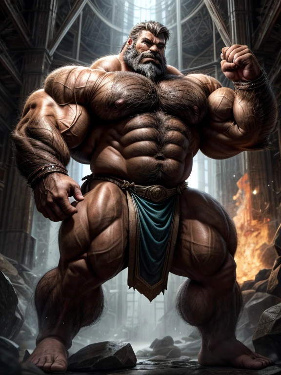 A burly, virile, and extremely hairy man who exudes an overwhelming sense of power and masculinity. His body is overmuscular and musclebound, with bulging veiny muscles that seem to strain against his skin. Broad shoulders and a wide chest adorn his massive frame, while his arms and legs are overly thick and defined, making him appear incredibly strong and imposing. His thick body gives him a hulking figure, with swelling muscles that seem to burst from every angle. The man sports a long, bushy beard and a thick mustache, adding to his rugged and masculine appearance. His grey hair only serves to further emphasize his age and experience, yet it does nothing to diminish his intimidating presence. His square-jawed face is set in a stoic expression, conveying determination and strength of character. Dressed only in a loincloth that struggles to contain his massive physique, this virile, hairy man stands tall and proud, exuding an aura of raw masculinity and unbridled power.