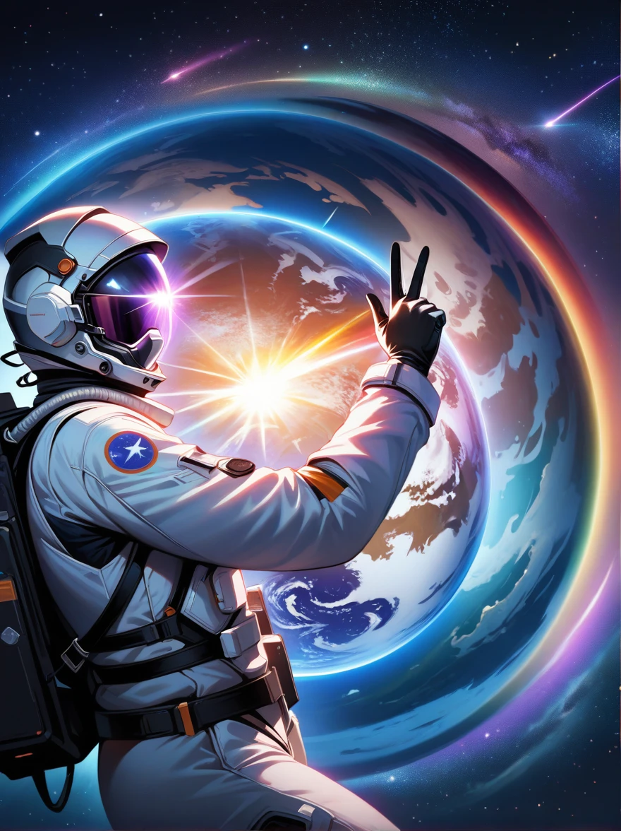 yinji,1gir, (1boy), :1.5), Two astronauts in space, Photograph, Stand side by side, (Raise the V sign), (A ray of sunlight rose behind them), Space suit details, Helmet reflective, earth in background, Cosmic stars, Galaxy Background, High-tech spacesuit, Milky Way Landscape, space photography, Studio Lighting, Physically based rendering, Sharp focus, Extremely detailed, major, Bright colors, Bright light source, (Best quality, 8K, high resolution, masterpiece:1.2), Super detailed, (1.4 times more realism),1yj1