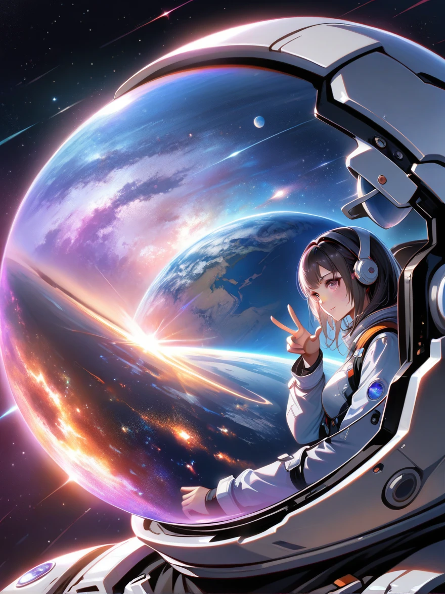 yinji,1gir, (1boy), :1.5), Two astronauts in space, Photograph, Stand side by side, (Raise the V sign), (A ray of sunlight rose behind them), Space suit details, Helmet reflective, earth in background, Cosmic stars, Galaxy Background, High-tech spacesuit, Milky Way Landscape, space photography, Studio Lighting, Physically based rendering, Sharp focus, Extremely detailed, major, Bright colors, Bright light source, (Best quality, 8K, high resolution, masterpiece:1.2), Super detailed, (1.4 times more realism),1yj1
