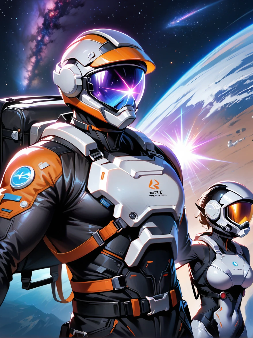 yinji，1gir, (1boy), :1.5), Two astronauts in space, Photograph, Stand side by side, (Raise the V sign), (A ray of sunlight rose behind them), Space suit details, Helmet reflective, earth in background, Cosmic stars, Galaxy Background, High-tech spacesuit, Milky Way Landscape, space photography, Studio Lighting, Physically based rendering, Sharp focus, Extremely detailed, major, Bright colors, Bright light source, (Best quality, 8K, high resolution, masterpiece:1.2), Super detailed, (1.4 times more realism)，1yj1